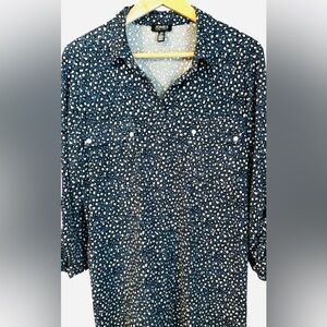 Jones New York Navy and White Printed Long Sleeve Blouse